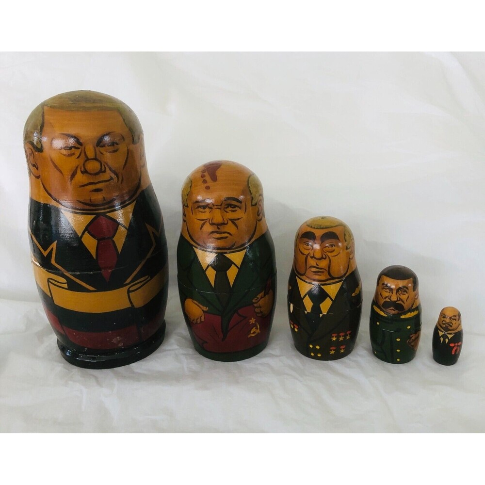 VTG 1992 Russian Hand Painted Wooden Matryoska Stacking Dolls Soviet Leaders
